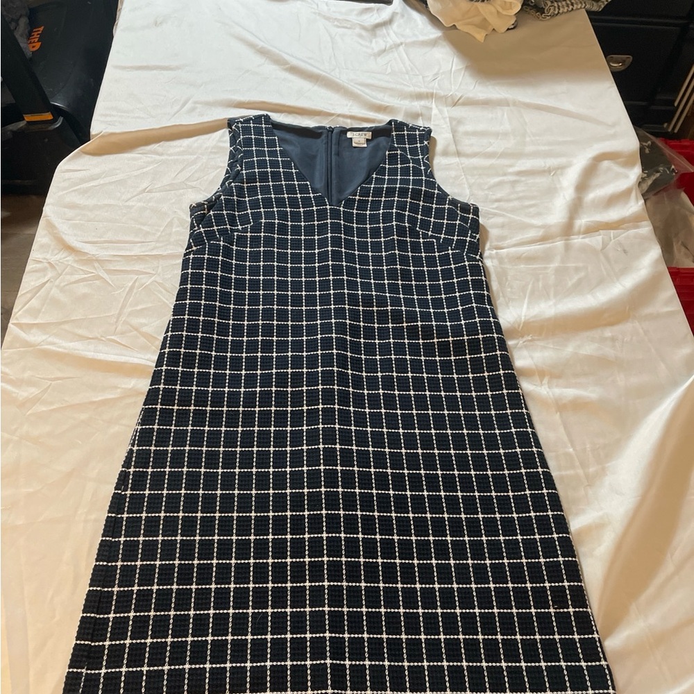 J.Crew Navy Textured Grid Shift Dress Size 0 Sleeveless V-Neck Career Preppy - Picture 6 of 12